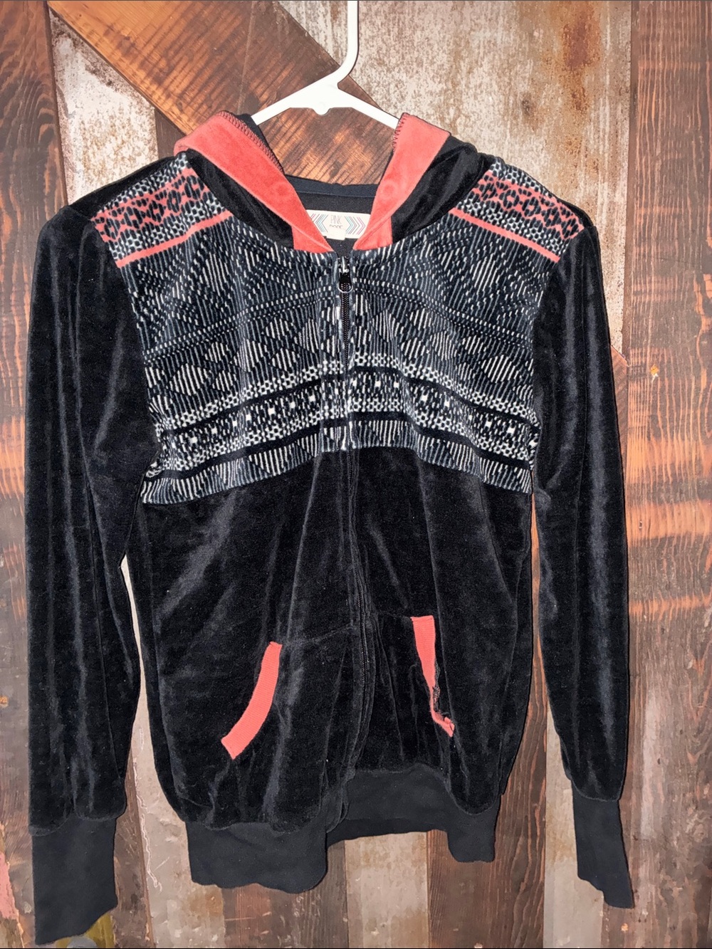 Pink Rose Black Zip-Up Sweater with Coral Accents